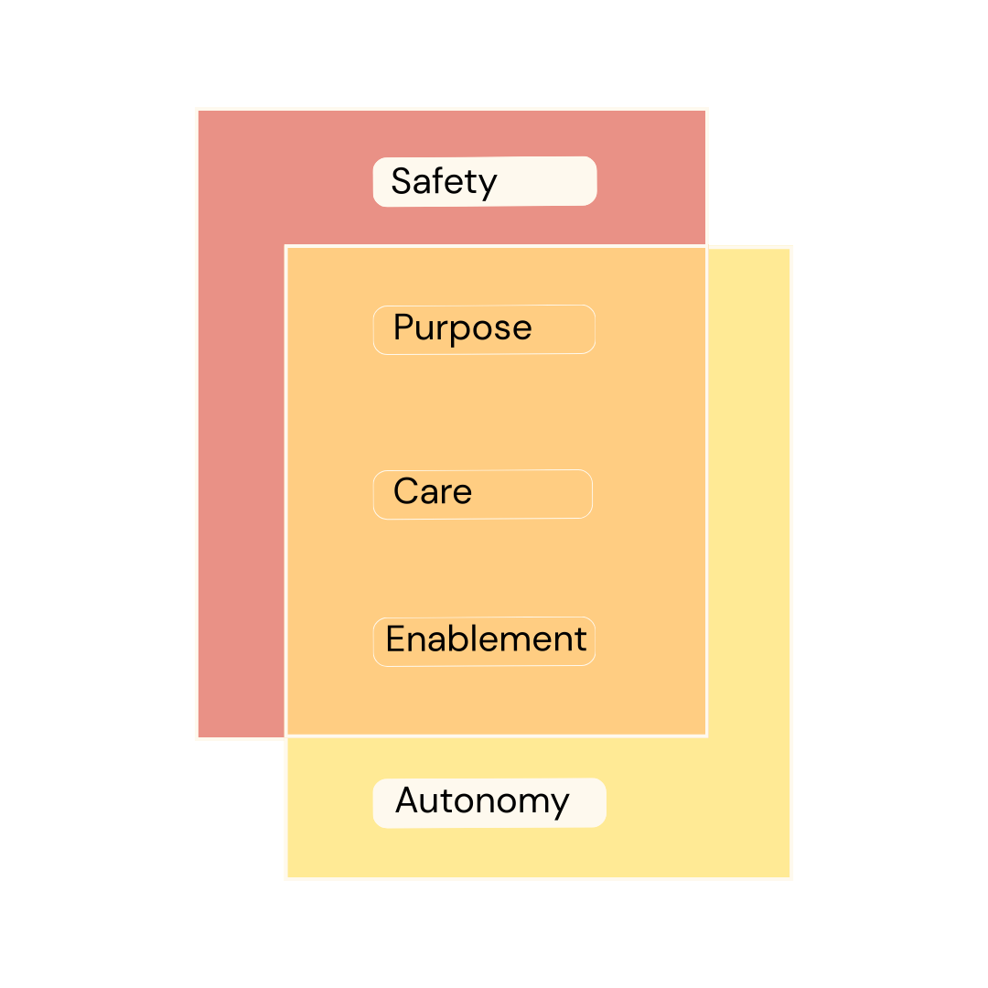 Two overlapping rectangles, one called safety and one called autonomy. In the overlapping center live purpose, care, and enablement.